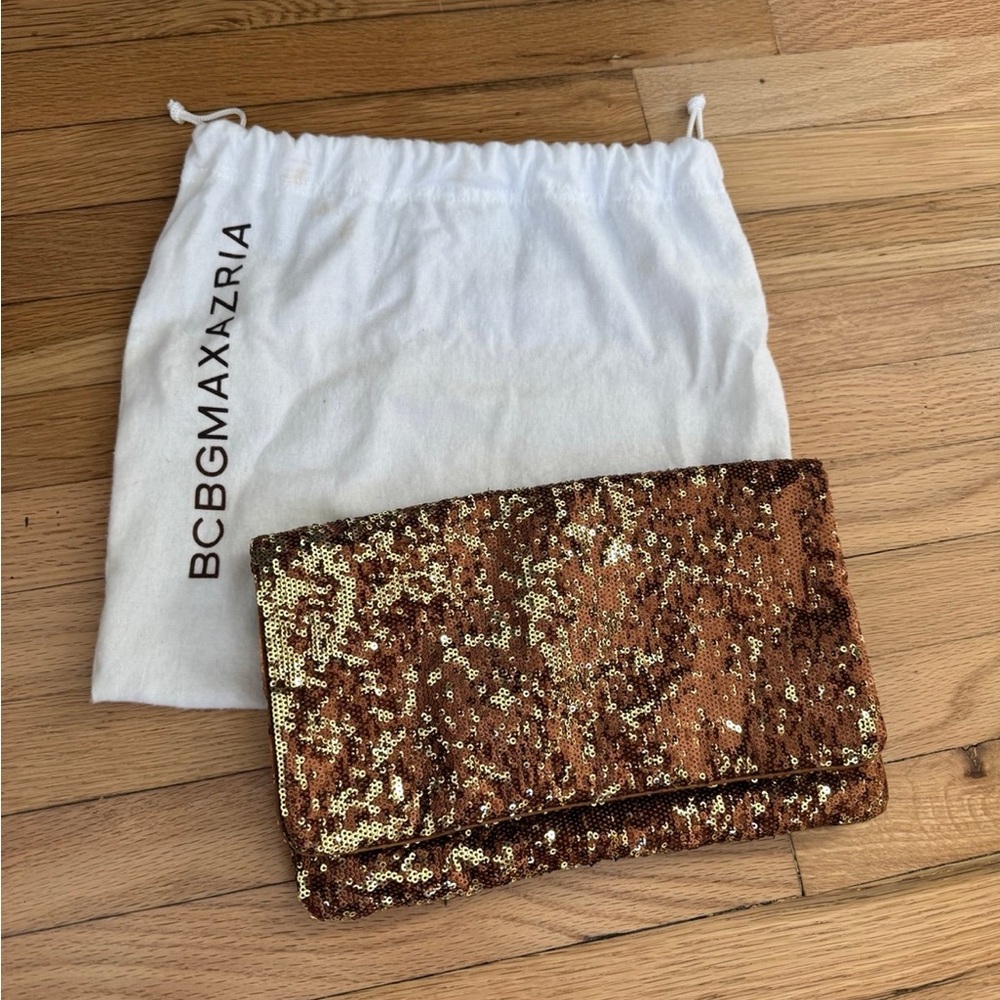 BCBG Maxazria Brown Gold Sequin Envelope Clutch Purse